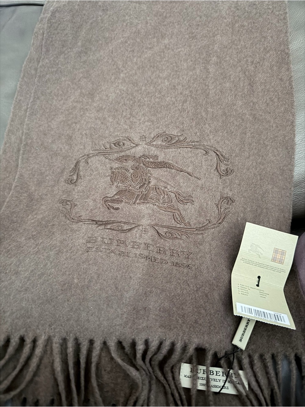 Burberry Taupe Brown Cashmere Scarf with Embossed Equestrian Motif